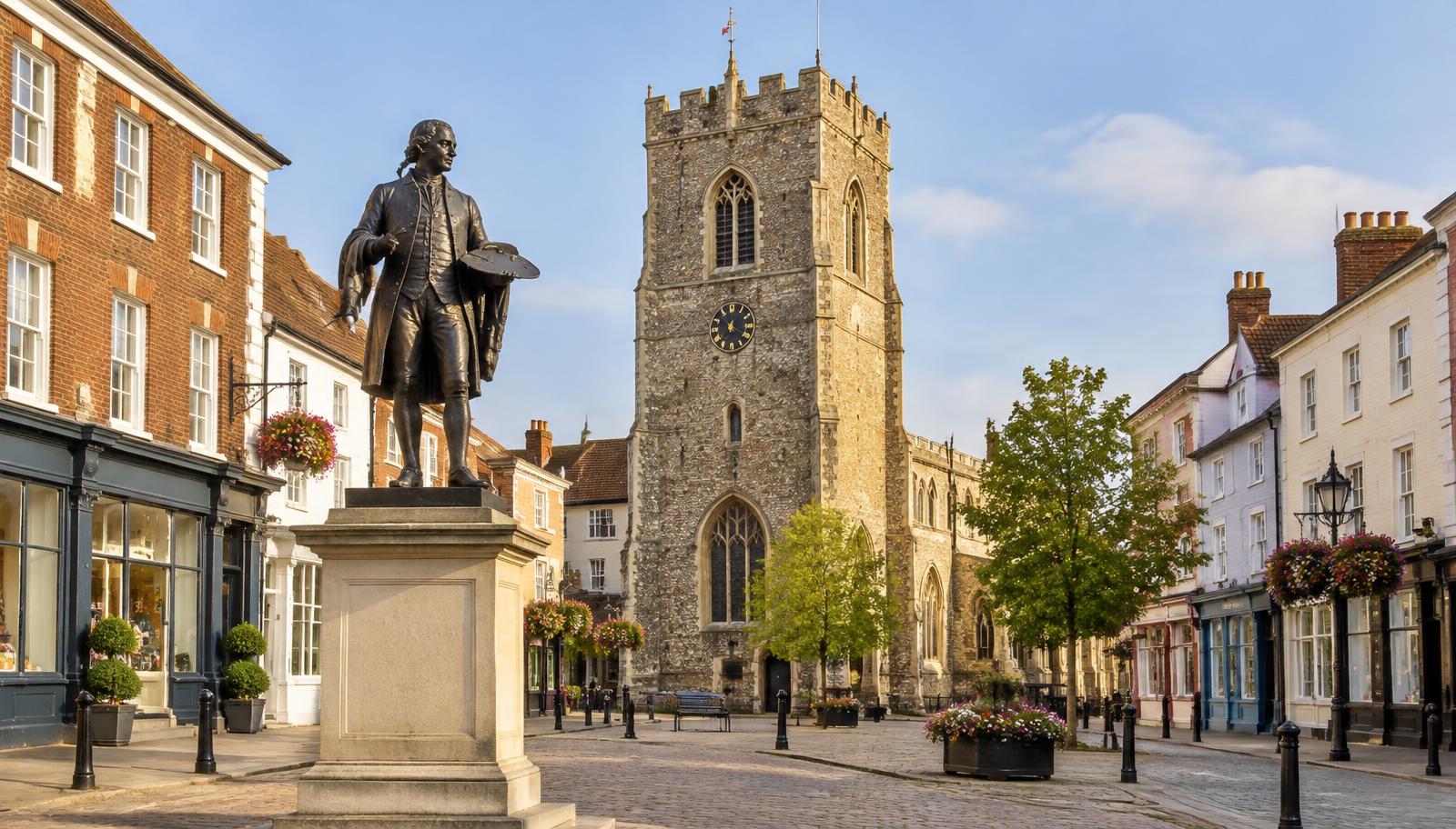 Artist's impression of the Gainsborough statue and St Peter's Church on Market Hill, Sudbury