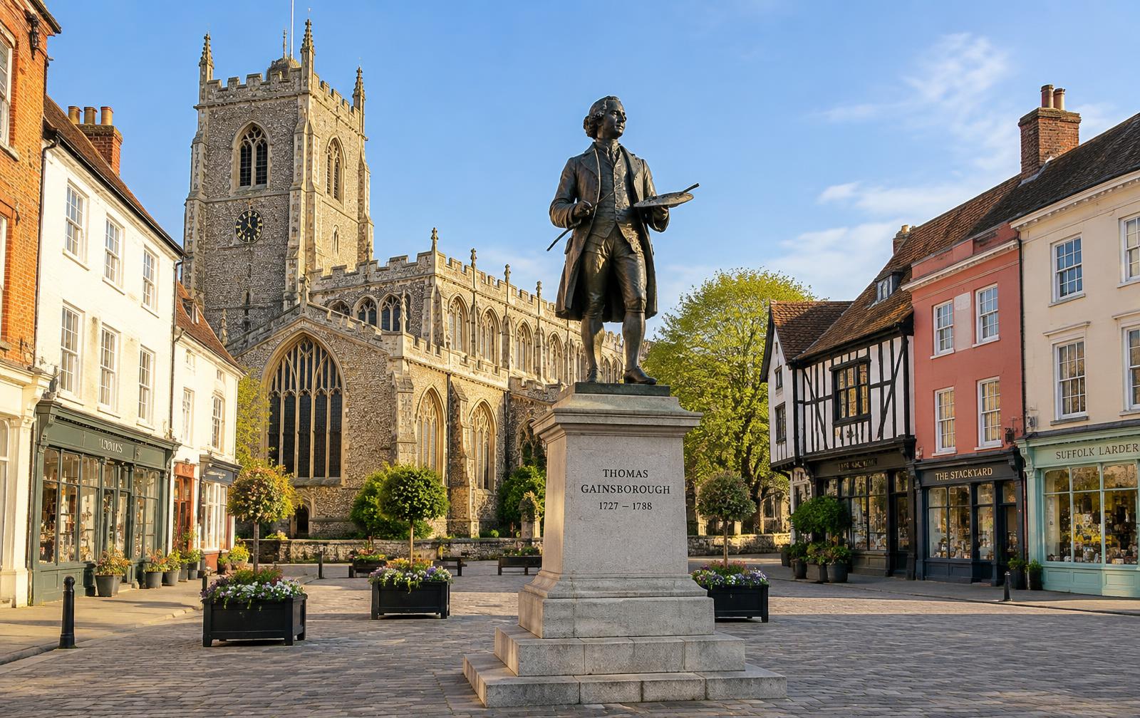 Illustration of Sudbury's high street with independent shopfronts, a village green and the parish church
